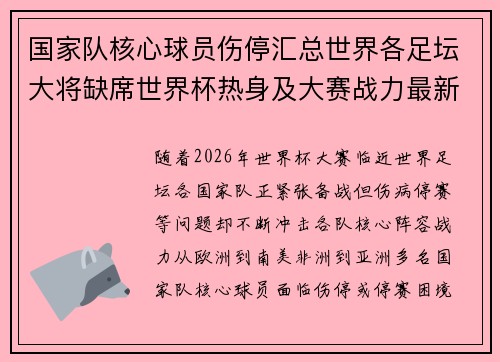 国家队核心球员伤停汇总世界各足坛大将缺席世界杯热身及大赛战力最新追踪