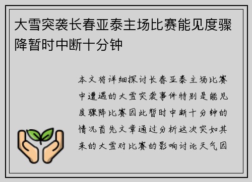 大雪突袭长春亚泰主场比赛能见度骤降暂时中断十分钟